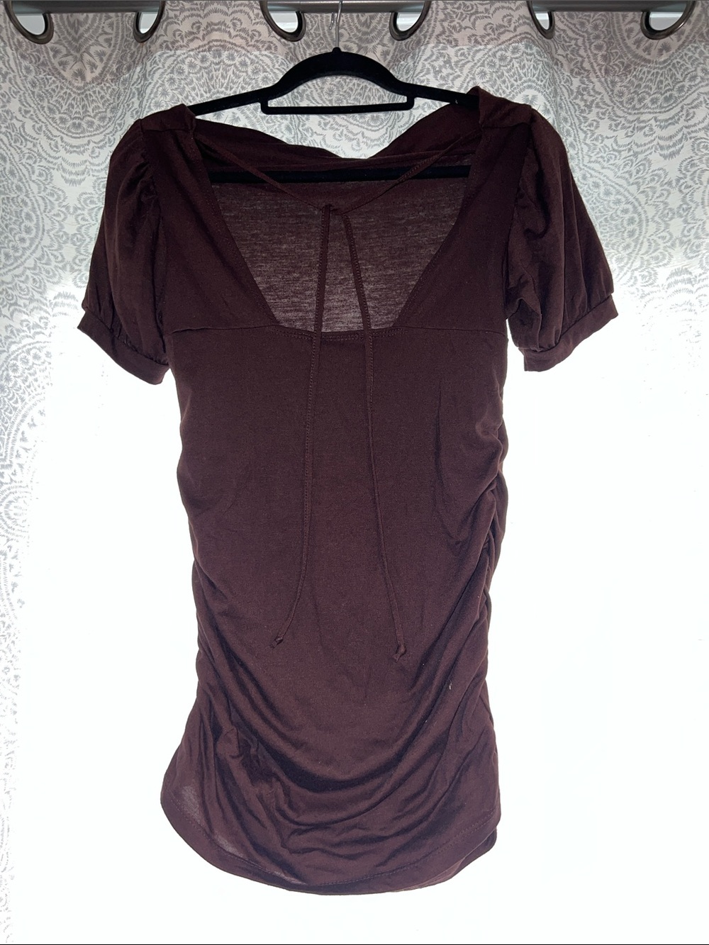Dynamite Chocolate Brown Short-Sleeve Drawstring Ruched Top